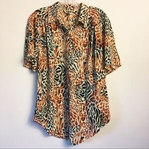 Vintage Brown Animal Print Leopard Blouse Size 7/8 Button Up